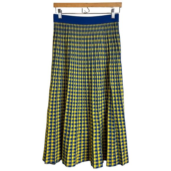Derek Lam 10 Crosby Knit Pleated Maxi Skirt Sz S/P Blue Yellow Check Pull On EUC - Picture 1 of 9